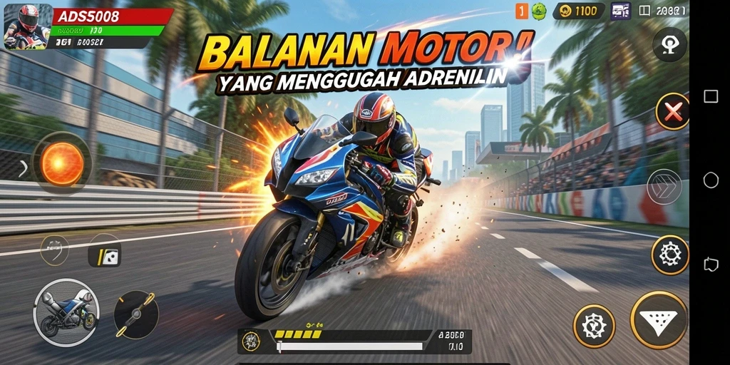 Tampilan gameplay menegangkan di lintasan balap motor.