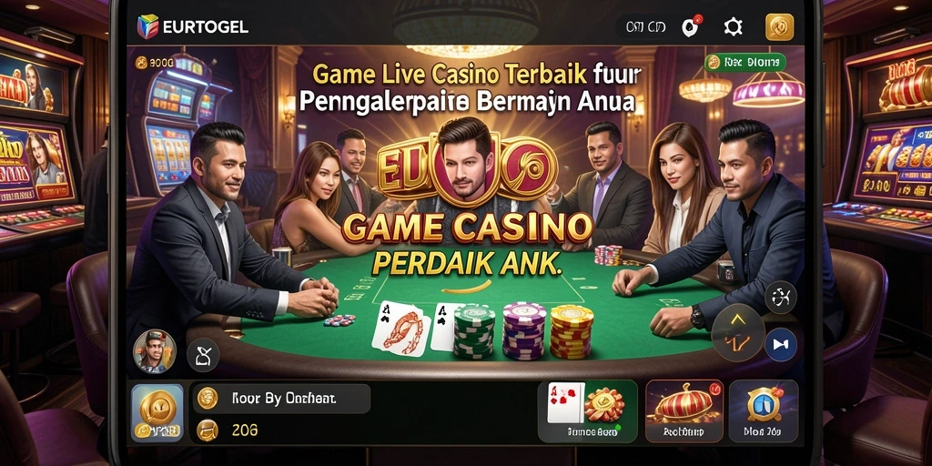 Screenshot gameplay EUROTOGEL menunjukkan dealer sedang berinteraksi dengan pemain secara langsung di studio yang elegan.