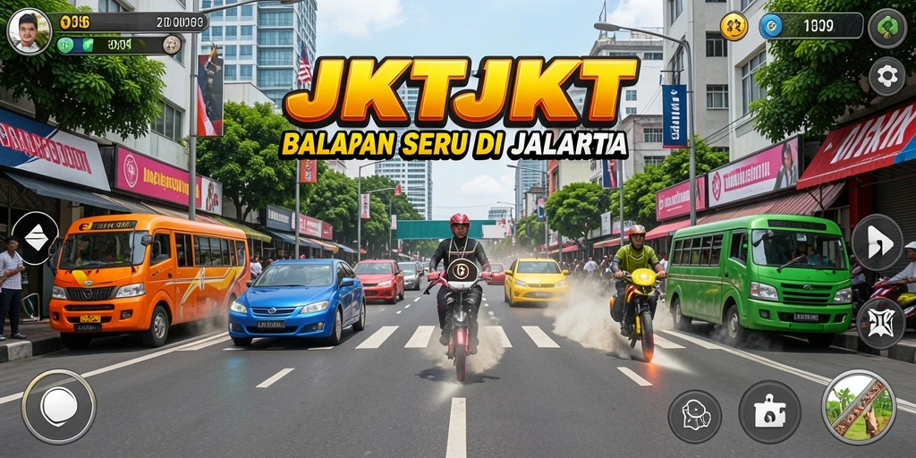 Screenshot dari gameplay balapan di JKTJKT yang menegangkan.