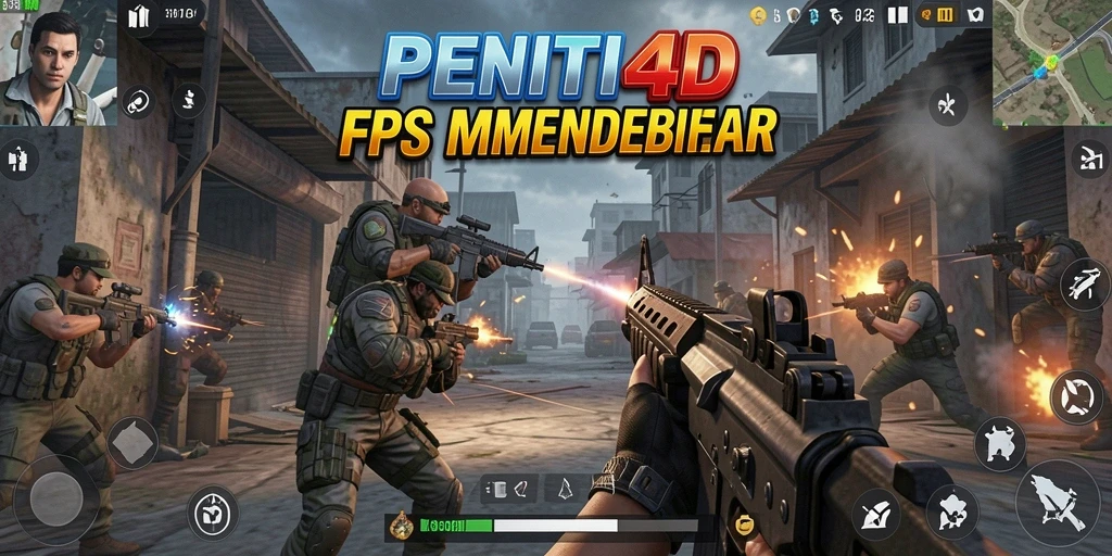 Screenshot utama MENITI4D yang menunjukkan aksi pertempuran FPS yang intens.