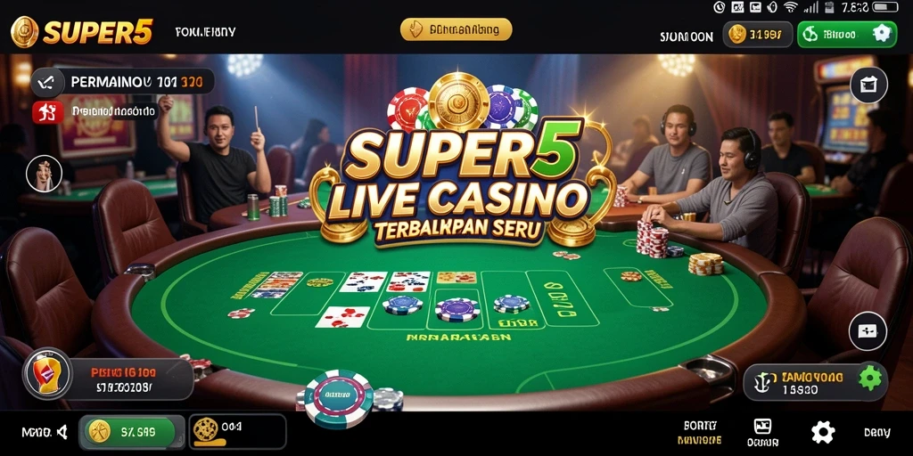 Tampilan gameplay SUPER5 yang memukau dengan dealer langsung dan meja permainan.